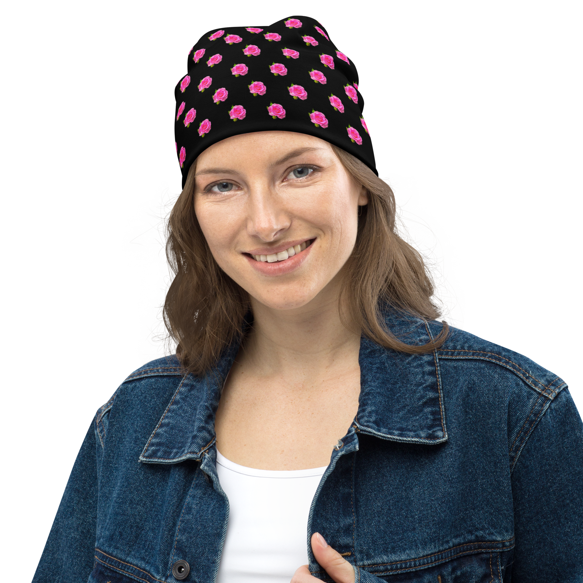 Oil Painted Style Pink Roses Exclusive Design All-Over Print Beanie - Image 2