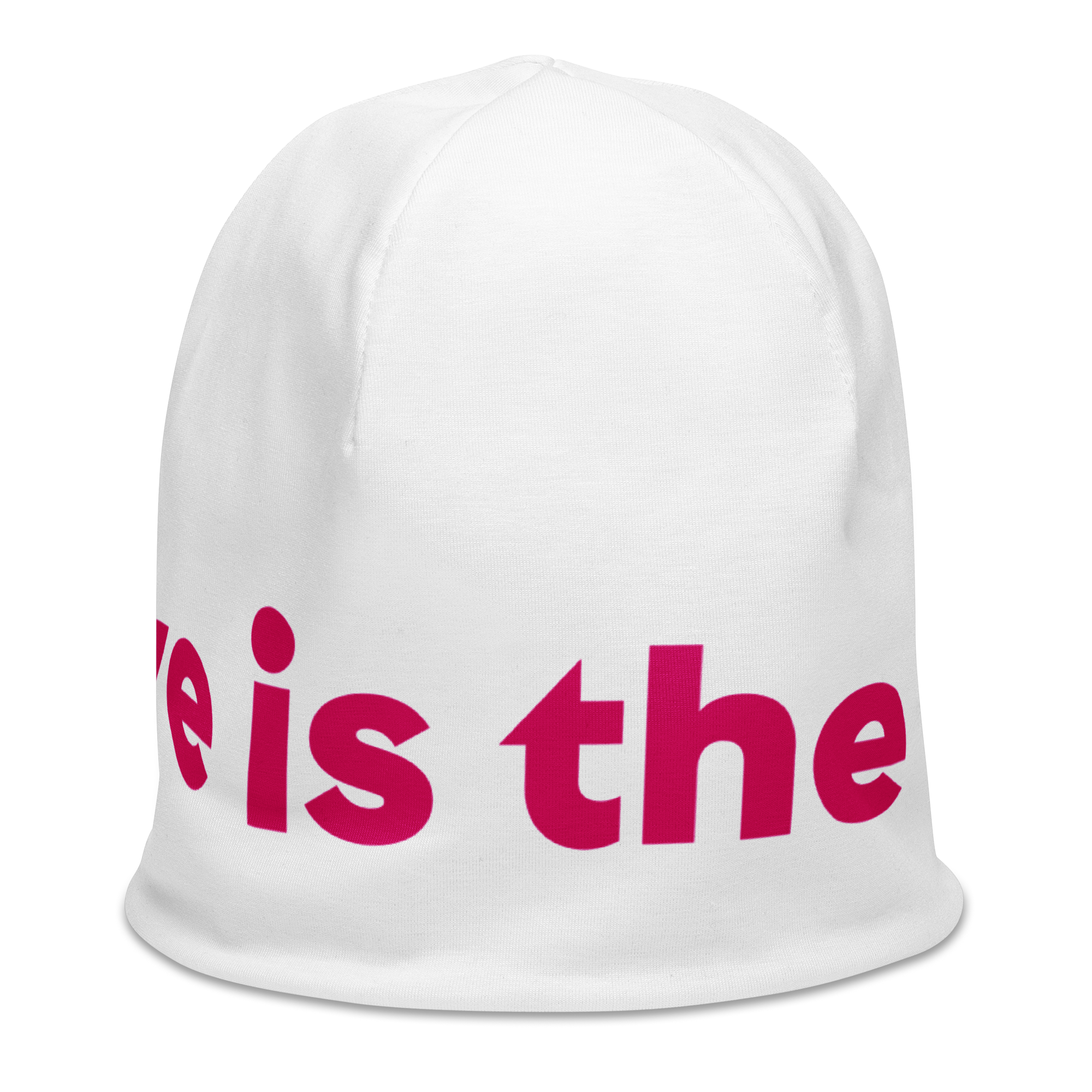 "Love is the drug" All-Over Print Beanie - Image 3