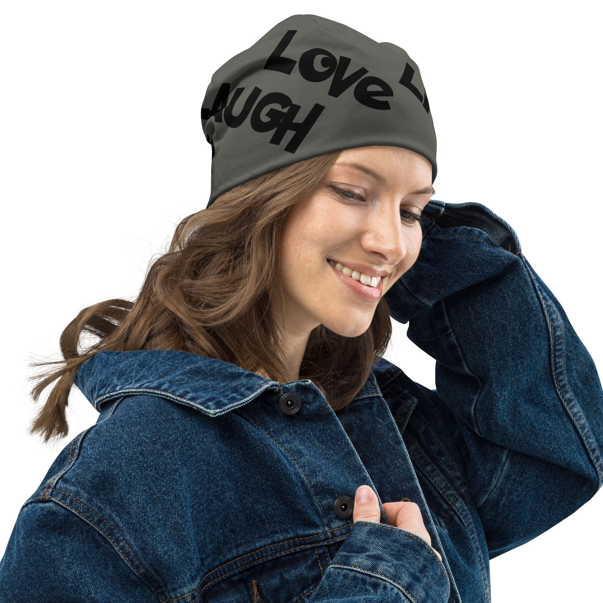 "Live Laugh Love" All-Over Print Beanie Black/Brown - Image 2