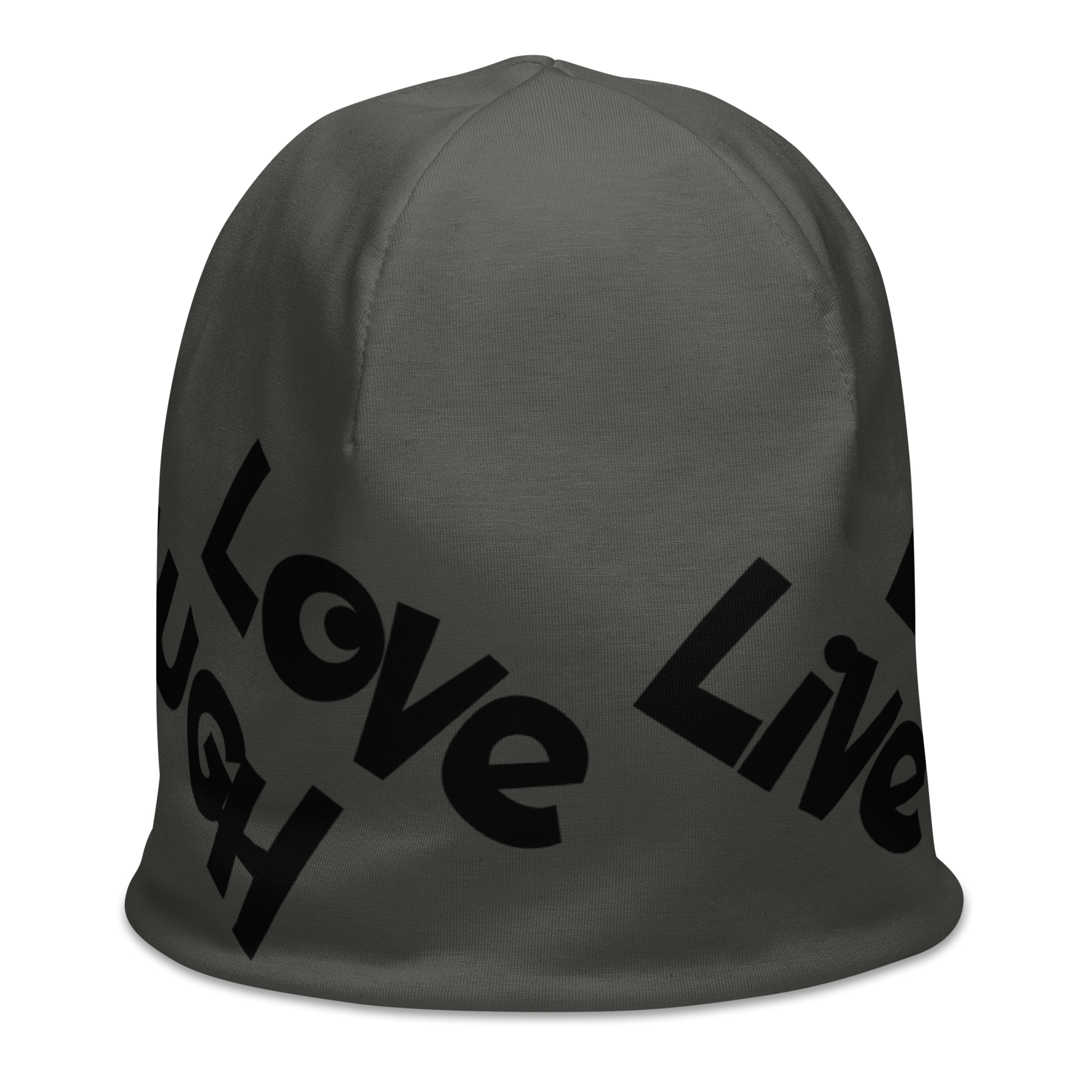 "Live Laugh Love" All-Over Print Beanie Black/Brown - Image 6