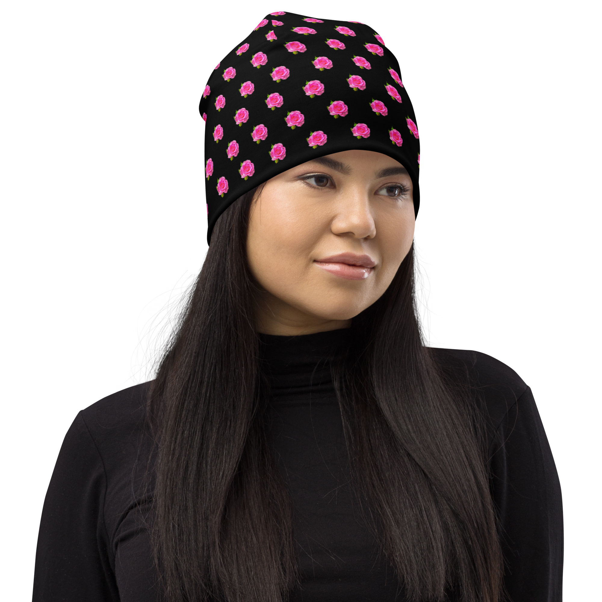Oil Painted Style Pink Roses Exclusive Design All-Over Print Beanie - Image 3