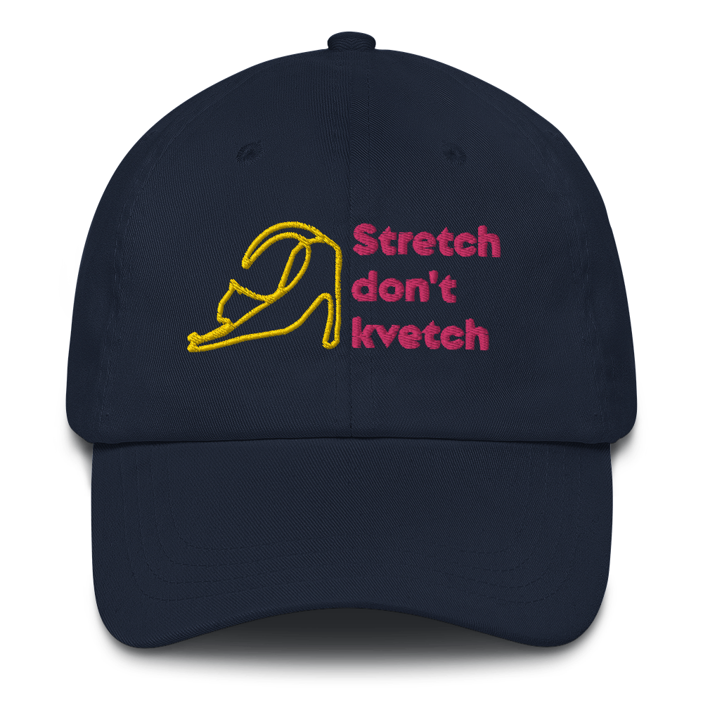 "Stretch don't kvetvch (stretching cat)" Dad Hat - Image 4