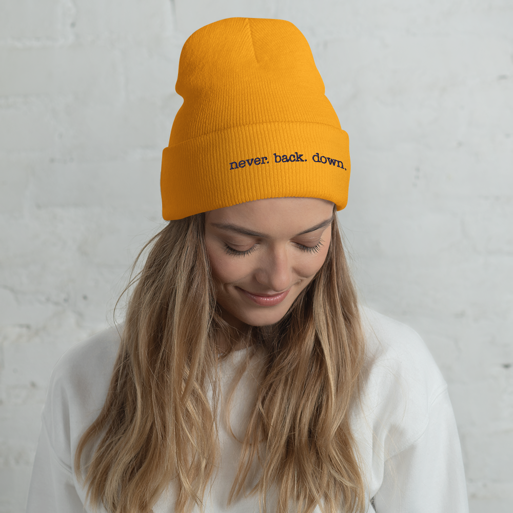 "never. back. down" Inspired Quote Cuffed Beanie - Image 4